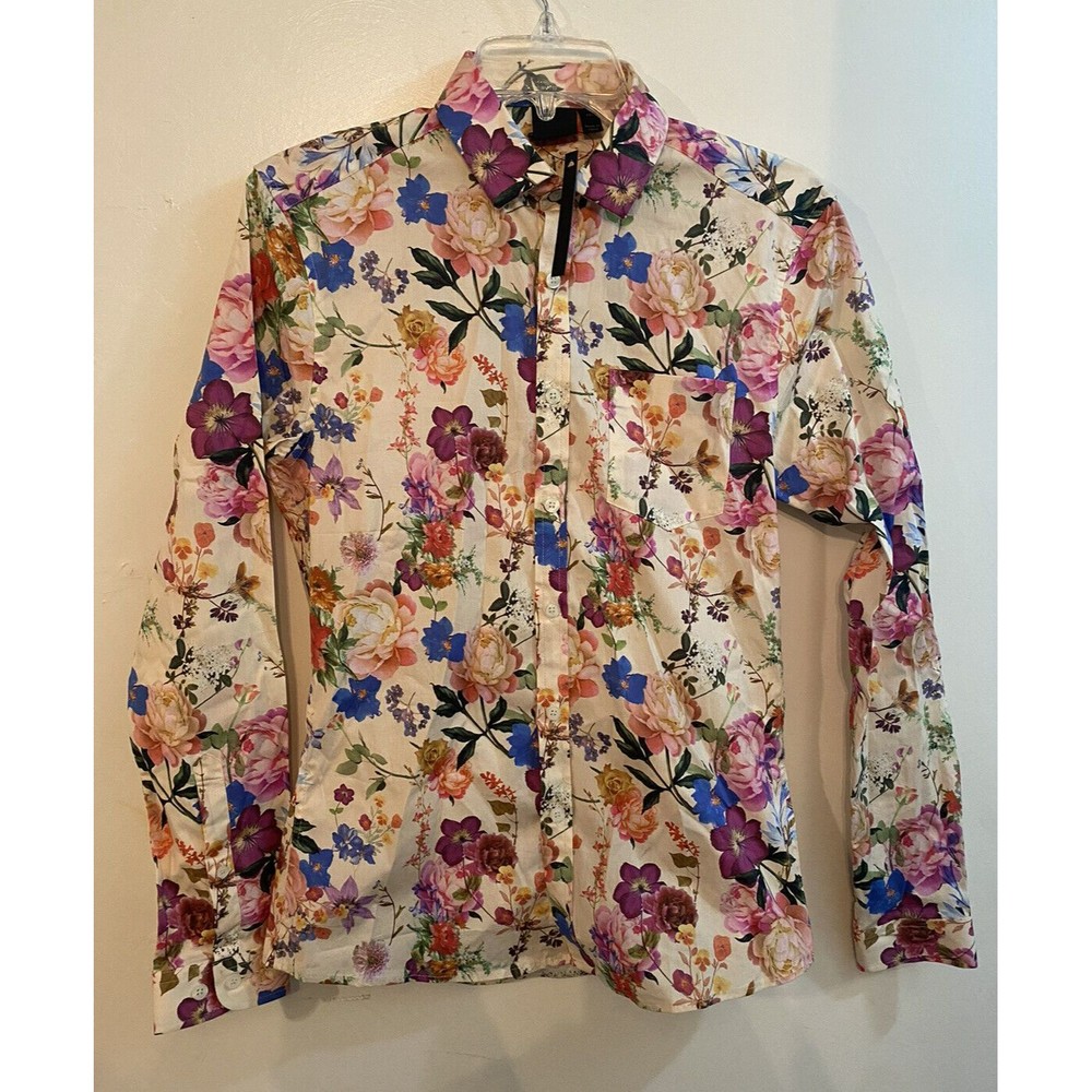 ASOS Button Up Shirt Sz 2XS Multicolor Floral Cotton blend Lond Sleeves NEW